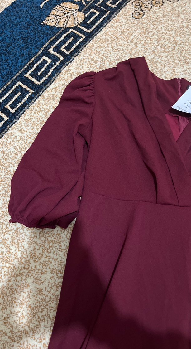 Bordo V Yakalı Uzun Kollu Salaş Elbise - Görsel 3