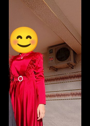 Kırmızı Uzun Abiye Elbise Yüksek Yakalı