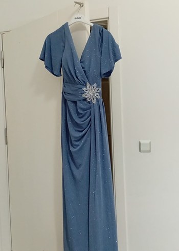 Mavi Drapeli Uzun V Yaka Abiye Elbise - Görsel 2