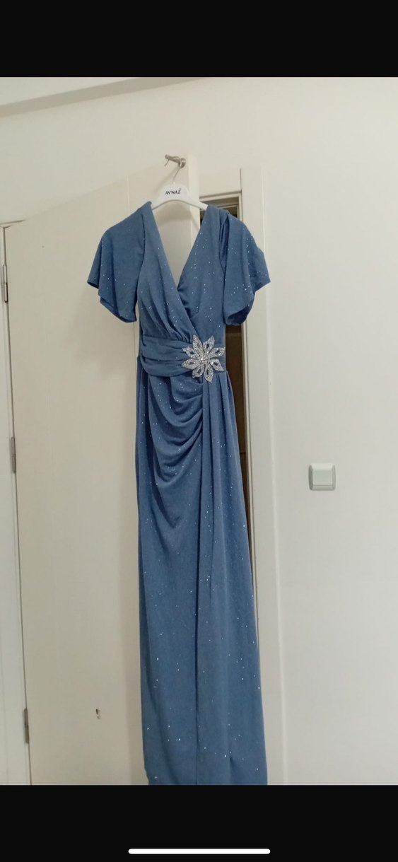 Mavi Drapeli Uzun V Yaka Abiye Elbise - Görsel 2