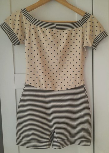 FRANSIZ ÜNLÜ MARKA BİP BİP Bej Lacivert Puantiyeli Mini Tulum - Görsel 2