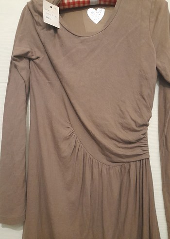 Bej Uzun Kollu Drapeli Kadın Elbise - Görsel 2