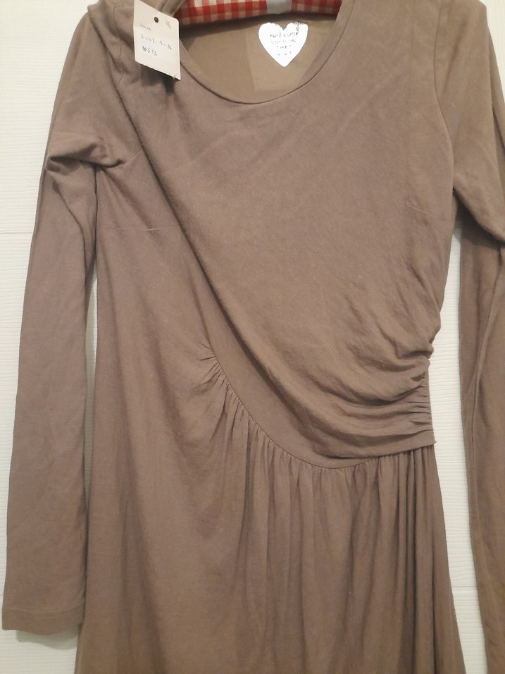 Bej Uzun Kollu Drapeli Kadın Elbise - Görsel 2