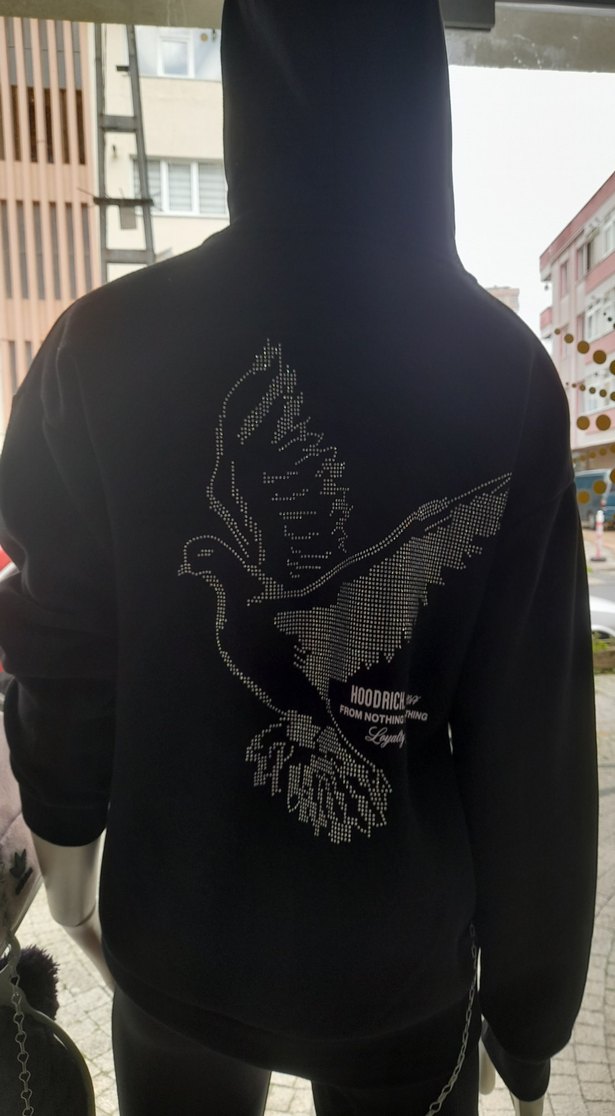 HOODRICH Taş Detaylı Siyah Kapüşonlu Sweatshirt SIRT KUŞ DESENLİ - Görsel 3