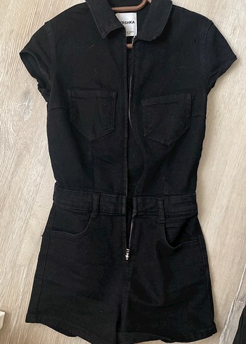 Siyah Kısa Kollu Denim Tulum
