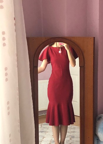 s Beden Bordo Kısa Kollu Midi Elbise