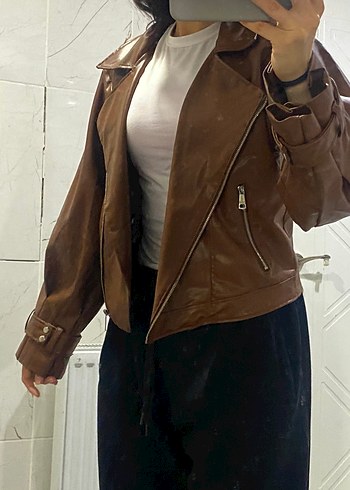 Kahverengi salaş Deri balon kol Ceket - Görsel 2
