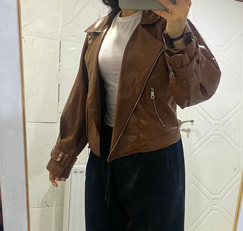 Kahverengi salaş Deri balon kol Ceket - Görsel 2