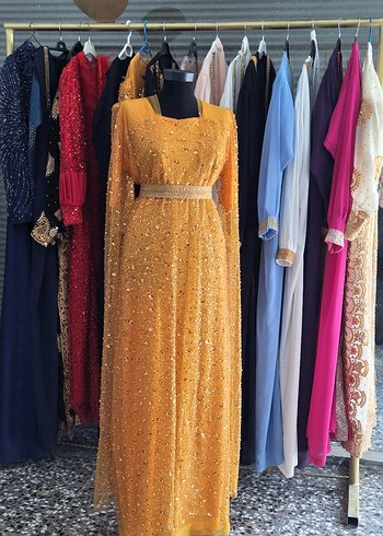 Diğer Uzun Kollu Sarı Payetli kaftan Elbise