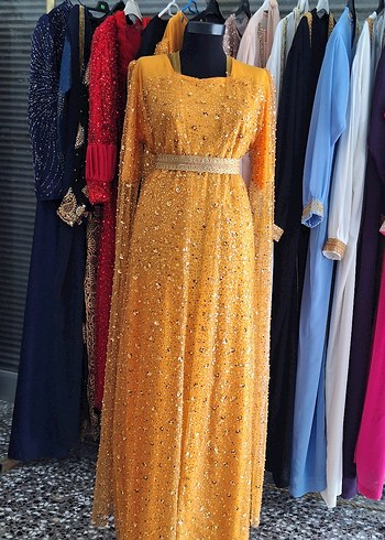 l Beden Uzun Kollu Sarı Payetli kaftan Elbise