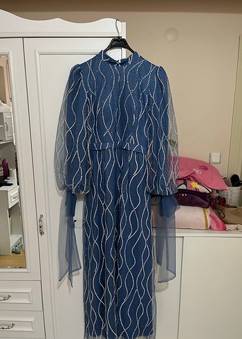 Baştan Aşağı Simli Mavi Abiye - Görsel 2