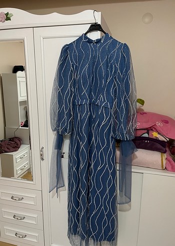 Baştan Aşağı Simli Mavi Abiye - Görsel 4