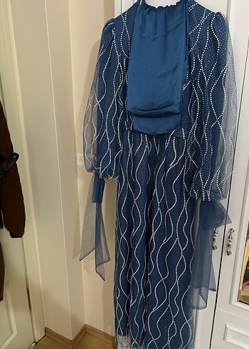 Baştan Aşağı Simli Mavi Abiye - Görsel 3
