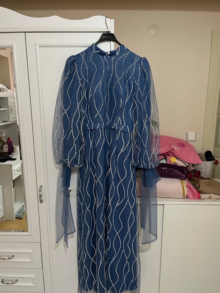 Baştan Aşağı Simli Mavi Abiye - Görsel 2