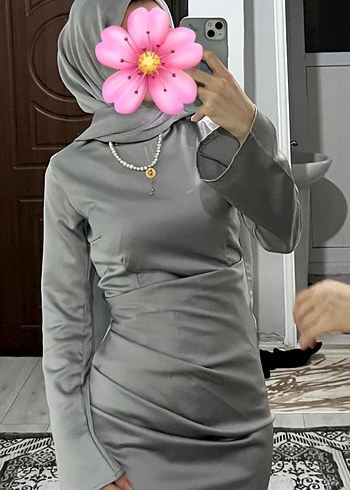Gri Drapeli Uzun Kollu Midi Elbise
