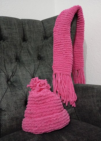 Pembe Çocuk Örgü Bere ve Atkı Seti - Görsel 3