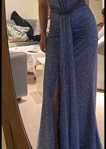 Mavi Drapeli Straplez Uzun Abiye Elbise - Görsel 2