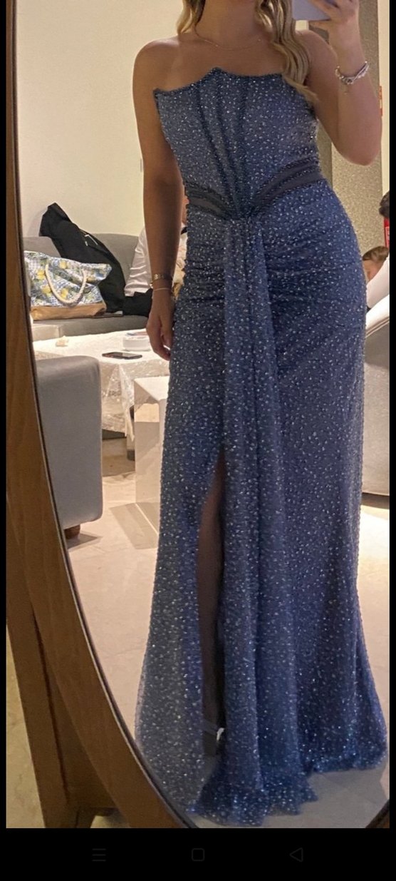 Mavi Drapeli Straplez Uzun Abiye Elbise - Görsel 2