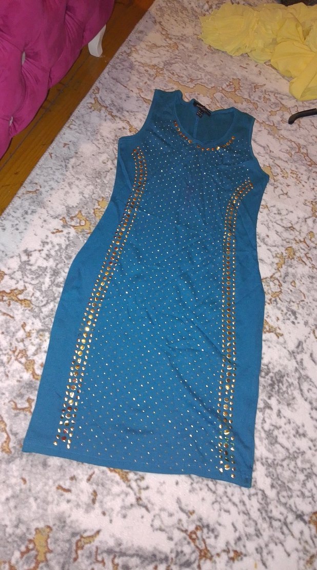 Mavi yeşil midi boyelbise taş işlemeli - Görsel 2