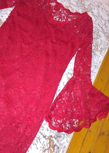 Kırmızı Dantel Midi Bohem Elbise - Görsel 2