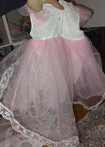 Kız Çocuk Pembe Askısız Dantel Elbise - Görsel 3