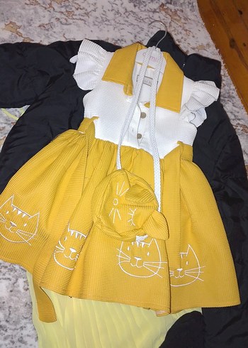 Nakışlı Sarı Kız Çocuk Elbise çantalı - Görsel 2