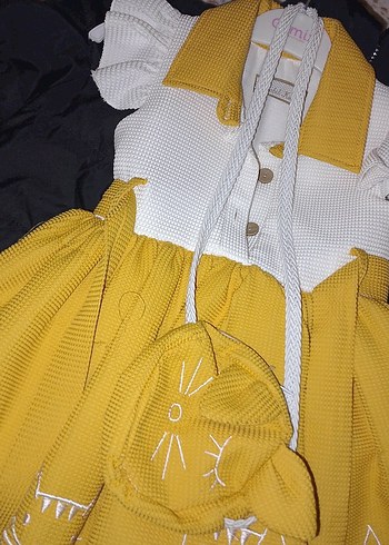 Nakışlı Sarı Kız Çocuk Elbise çantalı - Görsel 3