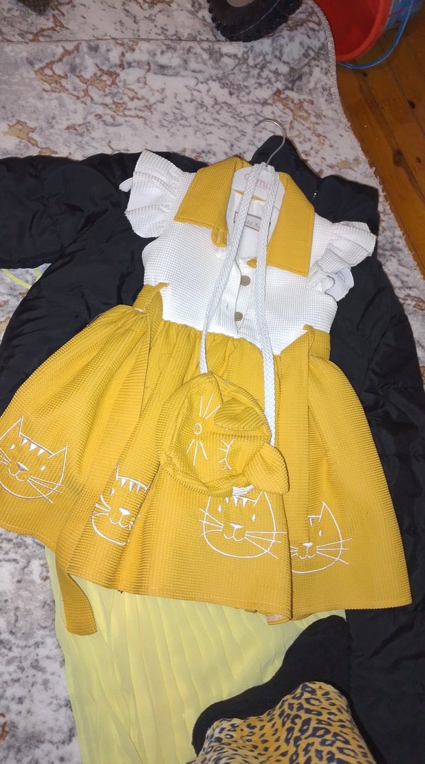 Nakışlı Sarı Kız Çocuk Elbise çantalı - Görsel 2