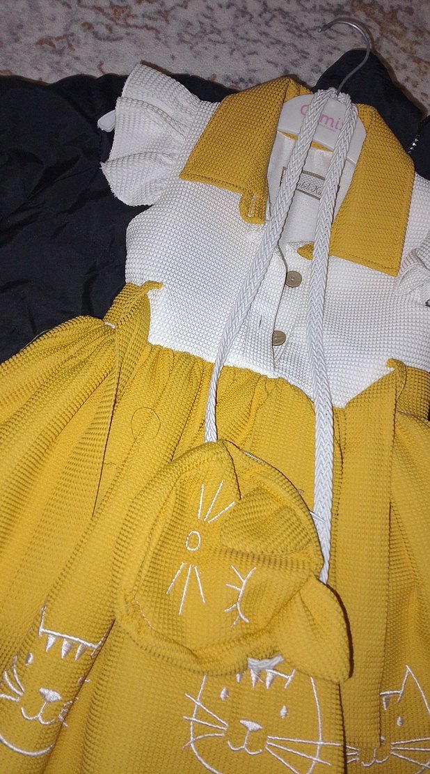 Nakışlı Sarı Kız Çocuk Elbise çantalı - Görsel 3