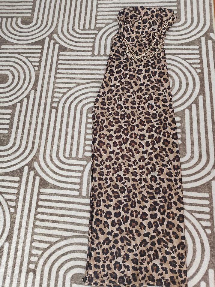 sıfır Zincir Detaylı Leopar Desenli Uzun Elbise - Görsel 4