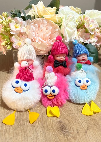 Renkli Mini Bebekler Şapkalı ve Peluş Kuşlar Anahtarlık - Görsel 2