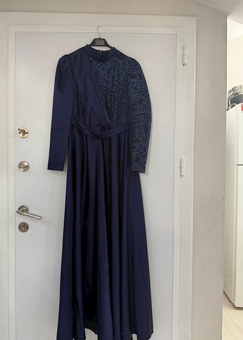 Lacivert Uzun Kollu Drapeli Abiye Elbise - Görsel 2