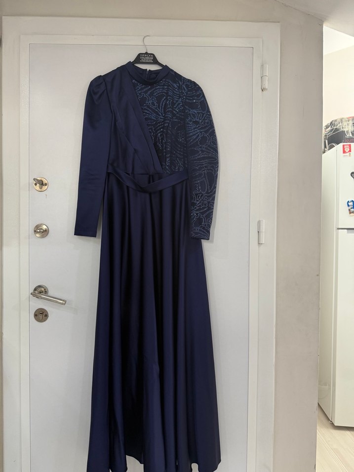 Lacivert Uzun Kollu Drapeli Abiye Elbise - Görsel 2