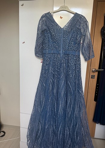 Dantel Detaylı Uzun Mavi V Yaka Elbise - Görsel 4