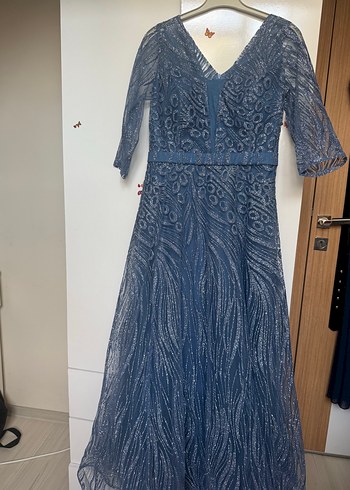 Dantel Detaylı Uzun Mavi V Yaka Elbise - Görsel 2