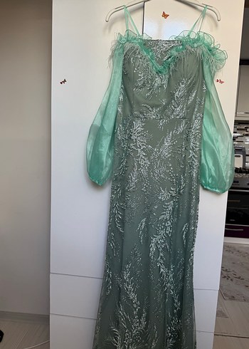 Uzun Yeşil Nakışlı Drapeli Abiye Elbise - Görsel 2