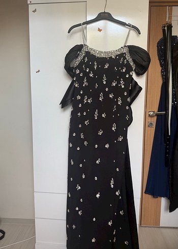 İşlemeli Siyah Uzun Straplez Abiye Elbise - Görsel 6