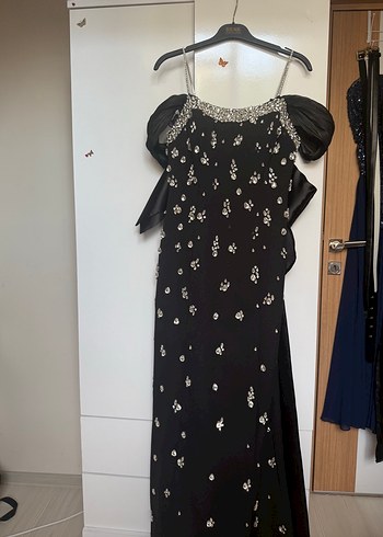 İşlemeli Siyah Uzun Straplez Abiye Elbise - Görsel 5