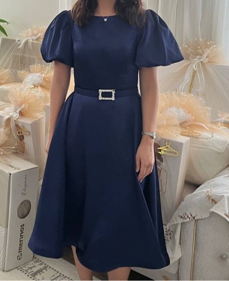 Kemerli Lacivert Uzun Kadın Elbise - Görsel 2