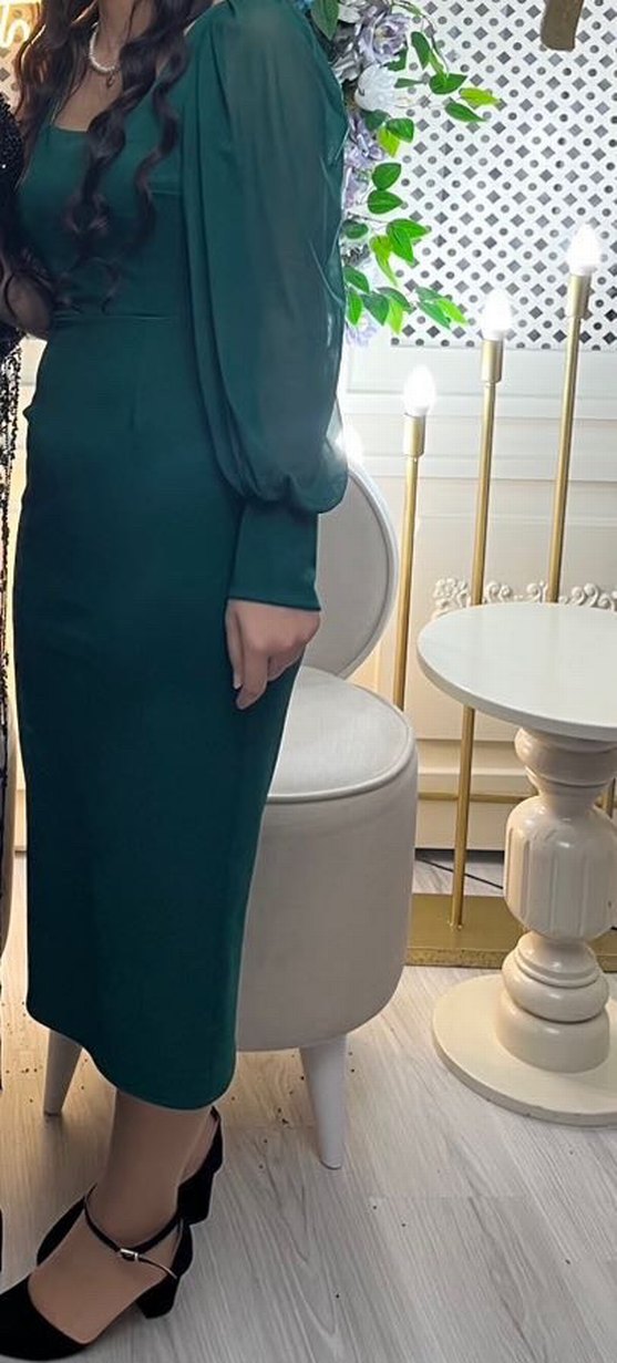 Uzun Kollu Kemerli Yeşil Kalem Elbise - Görsel 2