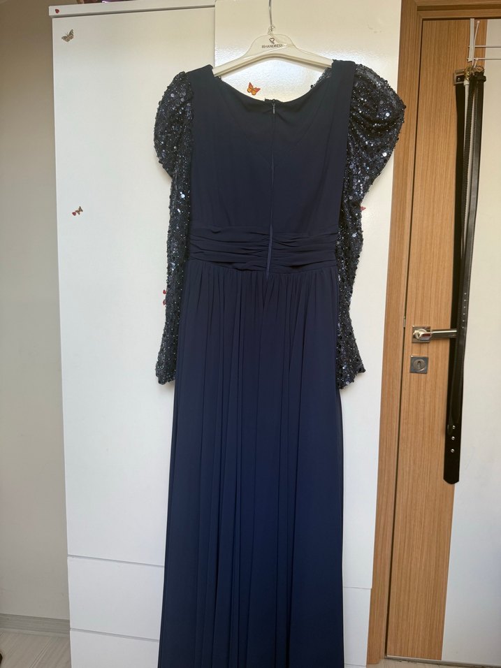 Koyu Lacivert Drapeli Uzun Abiye Elbise - Görsel 5