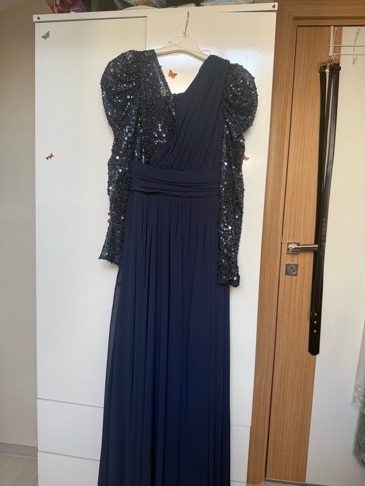 Koyu Lacivert Drapeli Uzun Abiye Elbise - Görsel 4