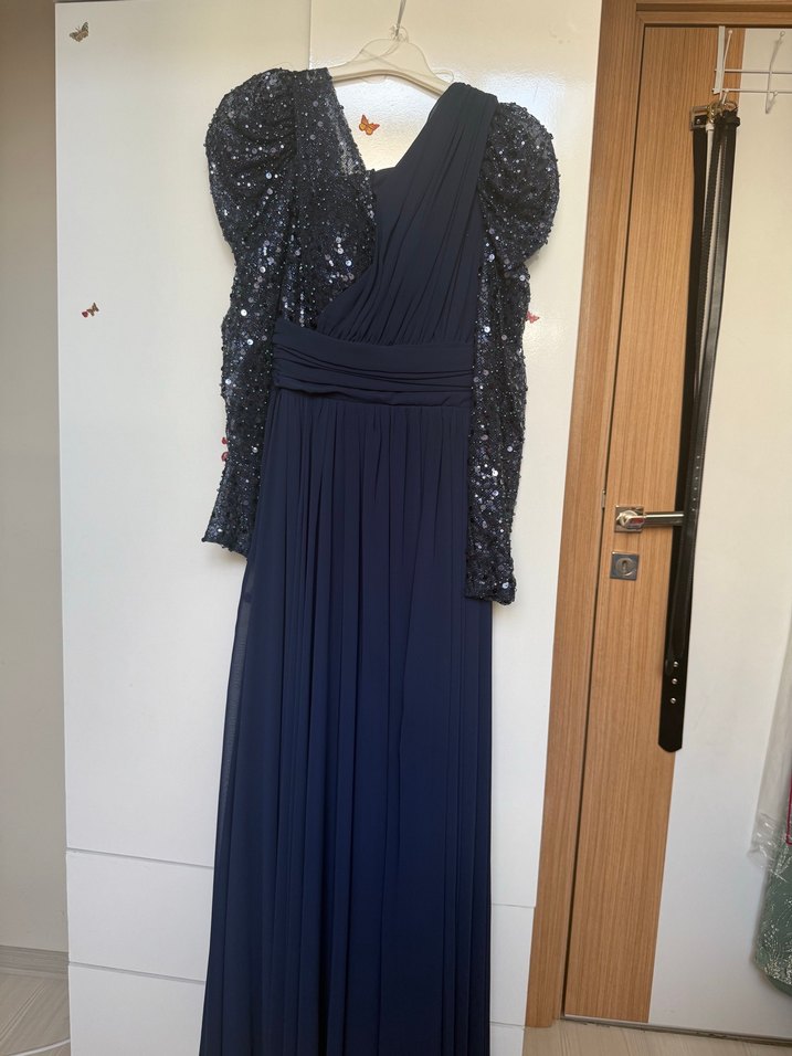 Koyu Lacivert Drapeli Uzun Abiye Elbise - Görsel 2