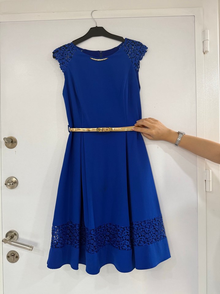 Mavi Kemerli Midi Abiye Elbise - Görsel 3