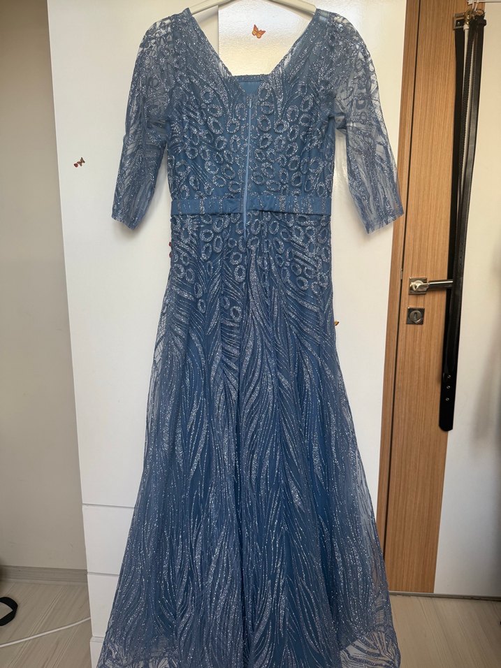 V Yaka Drapeli Lacivert Bohem Uzun Abiye Elbise - Görsel 4