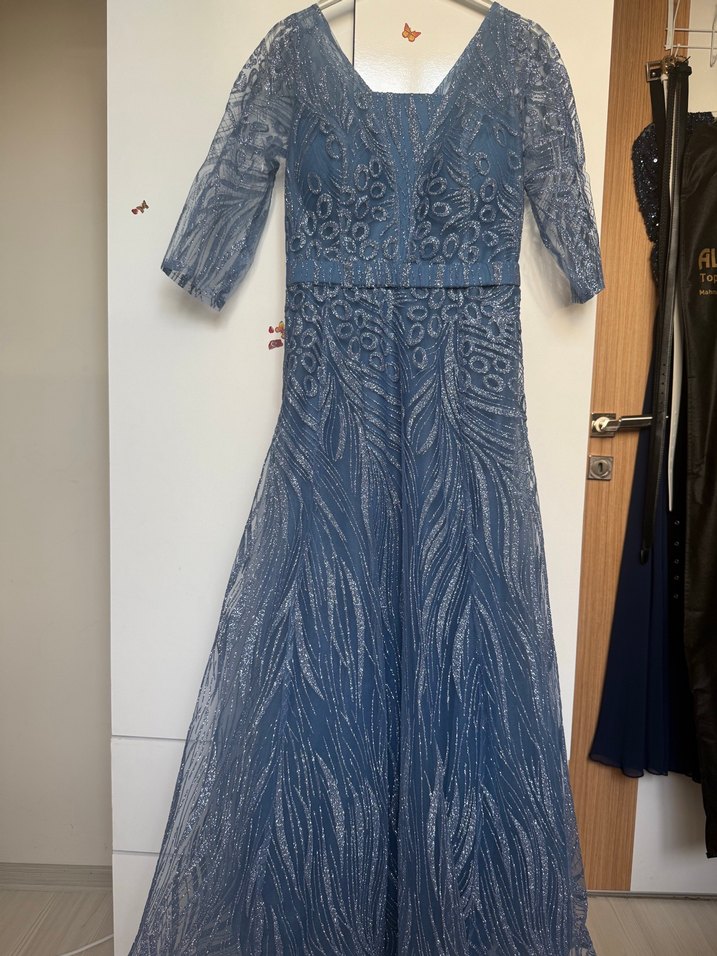 V Yaka Drapeli Lacivert Bohem Uzun Abiye Elbise - Görsel 3