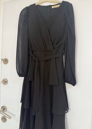 Uzun Siyah Kemerli V Yaka Kadın Elbise - Görsel 4