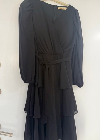 Uzun Siyah Kemerli V Yaka Kadın Elbise - Görsel 5