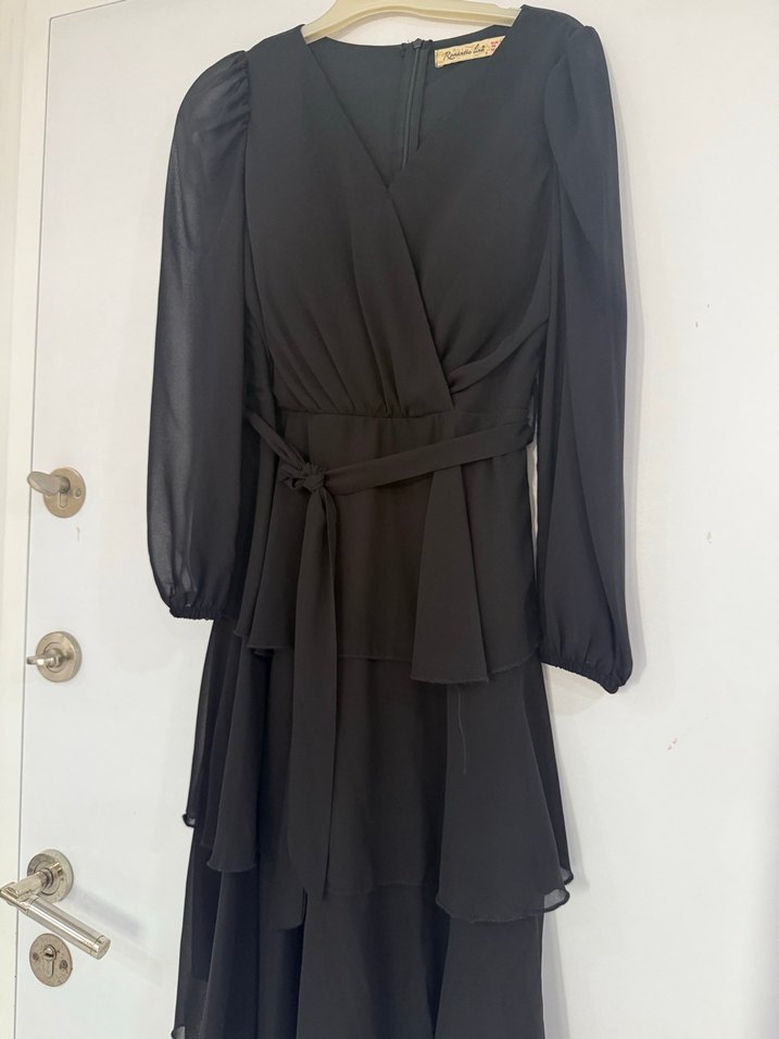 Uzun Siyah Kemerli V Yaka Kadın Elbise - Görsel 3