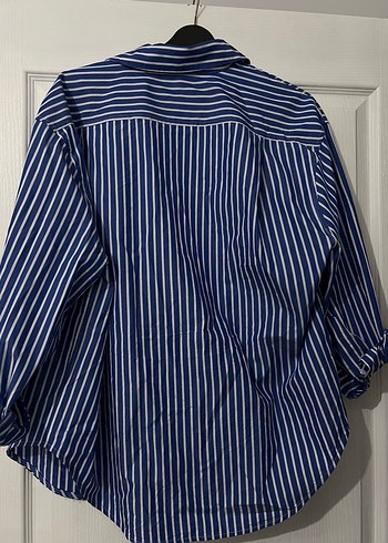 Lacivert Çizgili Uzun Kollu Keten Gömlek - Görsel 2